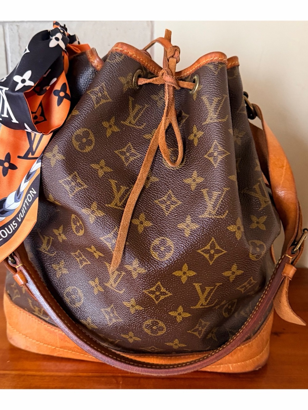 Louis Vuitton Monogram Canvas Bucket Bag with Orange Accent Scarf